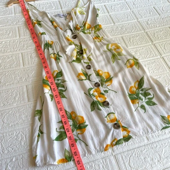 White Lemon Print Tie Front Noodle Strap A-line Mini Dress - Picture 9 of 16